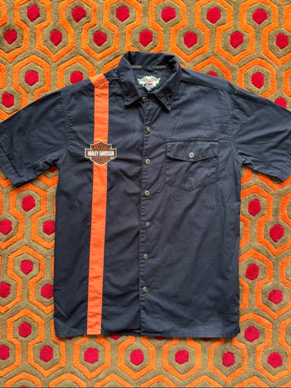 MAKE OFFER! Harley-Davidson Black Short Sleeve Button-Down Shirt Orange Stripe S